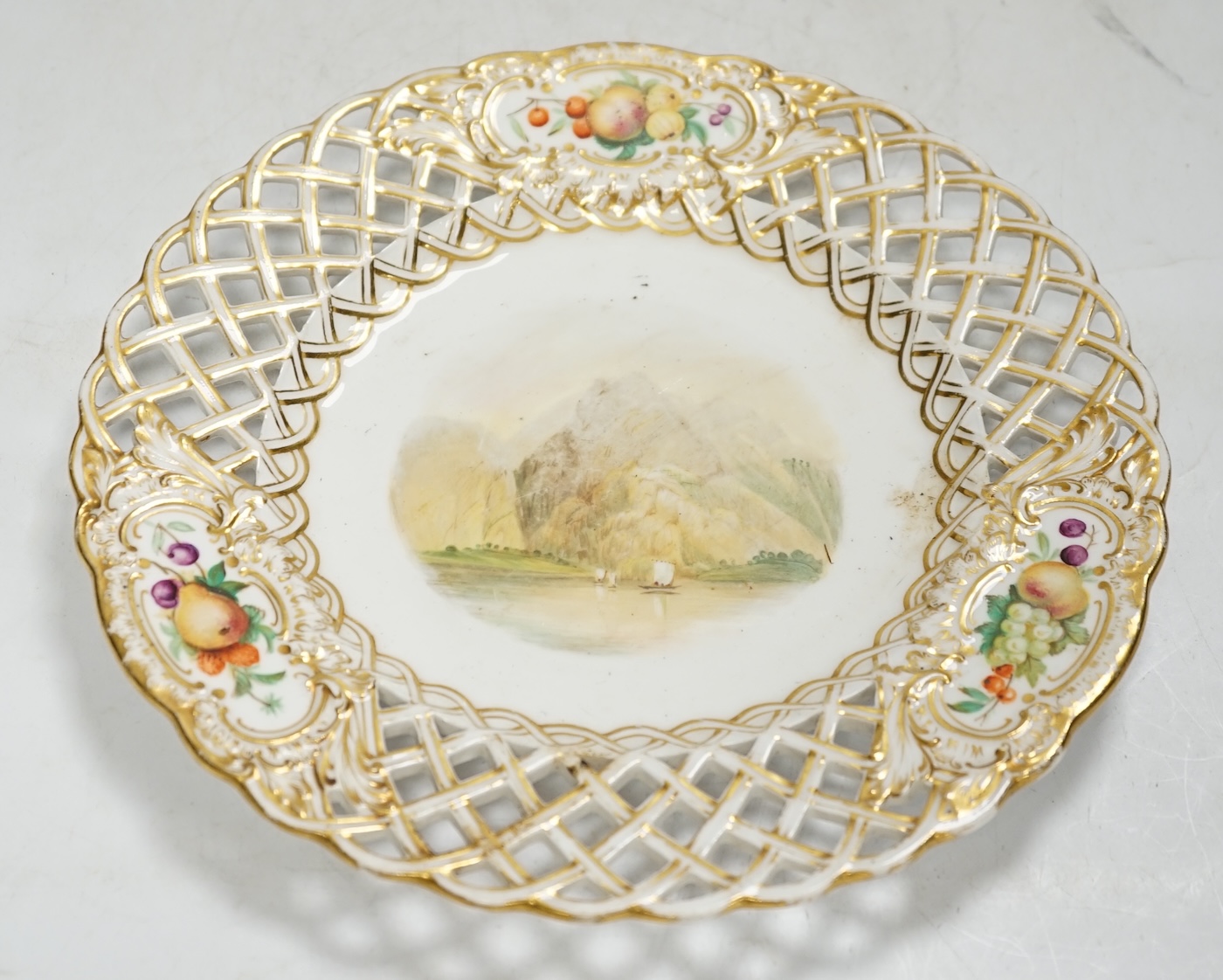 A set of six Victorian gilt and floral cabinet plates with central landscapes, 24cm diameter. Condition - poor